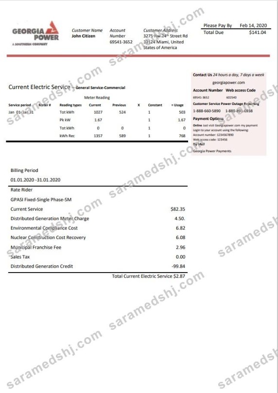 USA Georgia Power utility bill template in Word and PDF format, fully editable